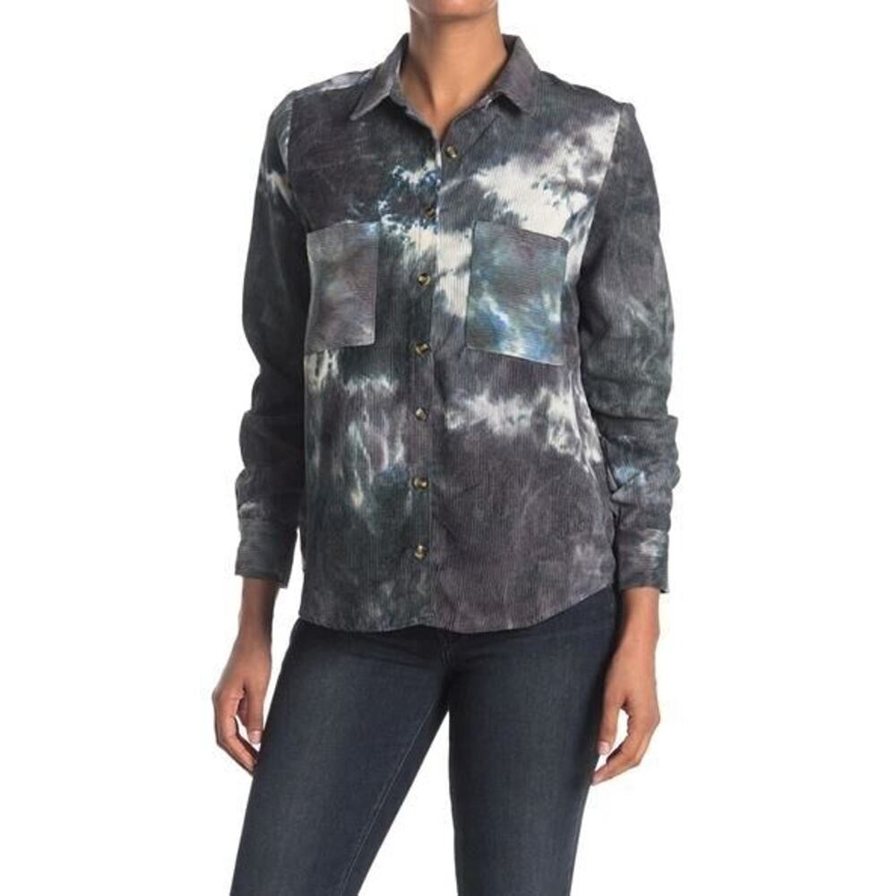 HYFVE Women's Corduroy Long Sleeve Button Down Shirt in Green Multi‎ Medium $49